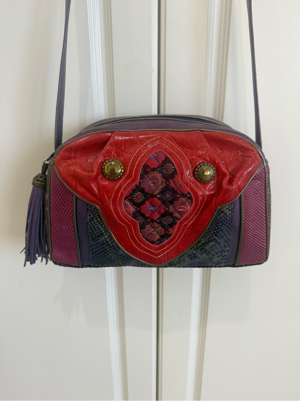 Vintage Sharif Leather cross body Bag Red/ Purple made in USA 1980’s